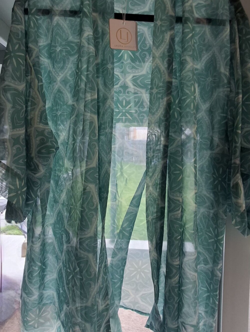 Laura Janelle Sheer Teal Green Geometric Tile Boho Kimono Wrap Cover Up NWT